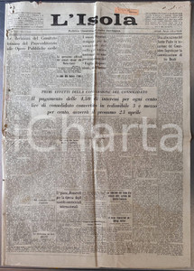 Giornale, rivista storica 1934 SASSARI Giornale L ISOLA Opere Pubbliche sarde Bonifica NURRA DANEGGIATO 1