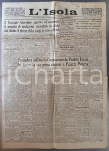 Giornale, rivista storica 1935 SASSARI Giornale L'ISOLA Prima riunione Corporazione Prodotti Tessili 1