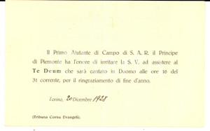 Documento originale, autentico 1928 DUOMO DI TORINO Canto del Te Deum per la fine dell anno Invito 1