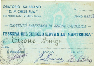 Oggetto da collezione cartaceo 1955 TORINO Oratorio Salesiano Michele RUA Tessera A.C. Circolo MONTEROSA 1