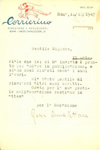 Autografo originale 1947 MILANO CORRIERINO Anna Vittoria ROSSI chiede novelle Marius MINIATI AUTOGR 1