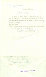 Autografo originale 1953 ROMA Senatore Antonio ROMANO raccomanda Paolo Ettore SANTANGELO *Autografo 1