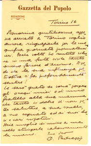 Autografo originale 1920 ca TORINO Orazio PEDRAZZI Tanto fervore in una festa civile *Autografo 1