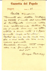 Autografo originale 1920 ca TORINO Orazio PEDRAZZI promette visita al conte ORSI *Autografo 1
