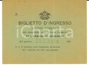 Oggetto da collezione cartaceo 1908 GENOVA Biglietto ingresso per seduta pubblica del Consiglio Comunale 1