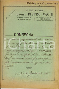 Documento originale, autentico 1930 CORNO GIOVINE (LO) Consegna fondo CHIOSO all'affittuario Luigi PEROTTI 1