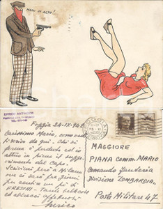 Cartolina originale da collezione 1942 WW2 ILLUSTRATORI DISEGNATA MANO Agguato ad una donna PM47 1