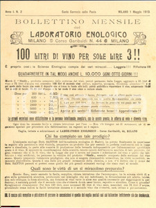 Giornale, rivista storica 1913 MILANO Bollettino Laboratorio Enologico VINOLIS 1