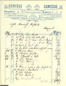 Documento originale, autentico 1910 NOVI LIGURE (AL) Conto legatoria Coniugi CAMUSSO 1