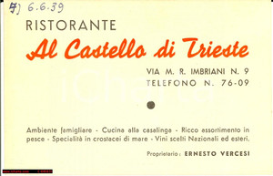 Materiale pubblicitario d’epoca 1939 TRIESTE Ristorante AL CASTELLO di Ernesto VERCESI 1