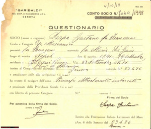 Documento originale, autentico 1919 GENOVA Soc. Navigazione GARIBALDI Gaetano SARPA 1
