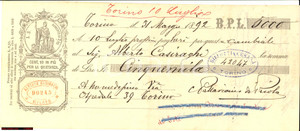 Autografo originale 1892 TORINO Cambiale Casimiro PALLAVICINI DI PRIOLA 1