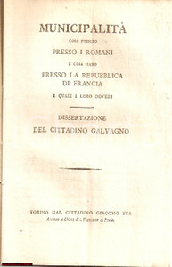Oggetto da collezione cartaceo 1800 PIEMONTE RIVOLUZIONARIO Dissertazione del cittadino GALVAGNO Municipalità 1