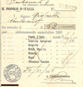 Documento originale, autentico 1935 MILANO Abbonamento annuale POPOLO D'ITALIA 1