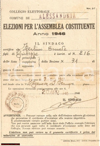 Oggetto da collezione cartaceo 1946 ALESSANDRIA Elezioni ASSEMBLEA COSTITUENTE Ferlini 1