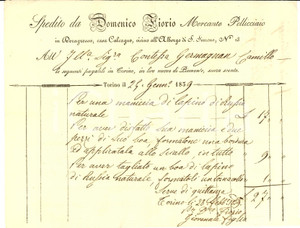 Documento originale, autentico 1839 TORINO Domenico FIORIO pellicciaio in DORAGROSSA 1