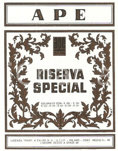 Materiale pubblicitario d’epoca 1970 ca MILANO Distilleria APE Liquore secco RISERVA SPECIAL Etichetta 1
