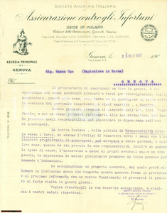Documento originale, autentico 1907 GENOVA Assicurazioni sui danni quadrupedi da tiro Lettera commerciale 1
