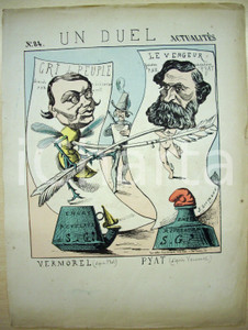 Stampa, bozzetto originale 1870 Caricatura Un duel VERMOREL PYAT Ill. COURSEAUX 1