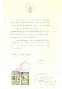 Documento originale, autentico 1943 RSI MENAGGIO Scuola Media MARCELLINE sfollata - Attestato professoressa 1