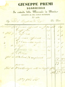 Documento originale, autentico 1835 BRESCIA Droghiere Giuseppe PREMI Contrada Mercanzia Fattura 1