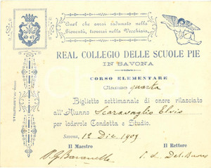 Documento originale, autentico 1909 SAVONA Onore a Elvio SCARAVAGLIO Coll. SCUOLE PIE 1