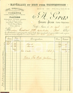 Manoscritto, lettera originale 1904 VALLAURIS F MatÃ©riaux pour constructions A. GRAS 1