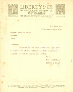 Manoscritto, lettera originale 1914 LONDON UK Artistic wares LIBERT & CO. Intestazione decorata Lettera 1