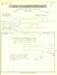 Documento originale, autentico 1943 MILANO Costruzioni aerotermomeccaniche Ing. Virgilio LICCIOLI Fattura 1