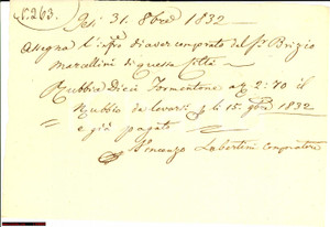 Documento originale, autentico 1832 JESI AN Vincenzo LAMBERTINI compra formentone  Ricevuta manoscritta 1