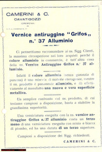 Materiale pubblicitario d’epoca 1930 ca CAVATIGOZZI CR Vernice GRIFOS ditta CAMERINI 1