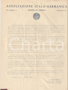 Documento originale, autentico 1943 VERONA Presentazione Associazione ITALOGERMANICA 1