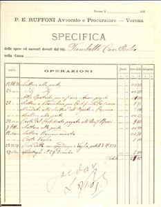 Documento originale, autentico 1880 VERONA Spese legali cav. avv. Paolo Emilio RUFFONI 1