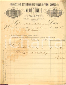 Documento originale, autentico 1889 MILANO Magazzeno seterie, lanerie, velluti ODDONE 1