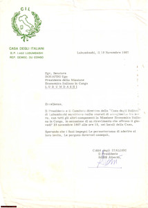 Autografo originale 1967 LUBUMBASHI CONGO Ricevimento Alberto ROSSI 1