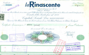 Oggetto da collezione cartaceo 1964 MILANO LA RINASCENTE Certificato azionario per otto Azioni ordinarie 1