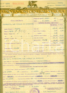 Documento originale, autentico 1921 ASSICURAZIONI GENERALI VENEZIA Polizza assicurativa danni dell'incendio 1
