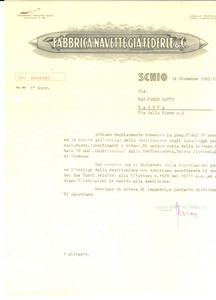 Documento originale, autentico 1942 SCHIO VI Fabbrica Navette già FEDERLE & C. su reso imballaggi Lettera 1
