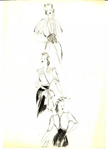 Stampa, bozzetto originale 1939 Moda donna ANNI  30 Abiti con manica a tre quarti Bozzetto AUTOGRAFO 1
