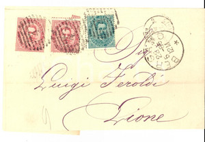 Cartolina originale da collezione 1885 STORIA POSTALE REGNO Busta striscia varianti di colore BERGAMO per LIONE 1