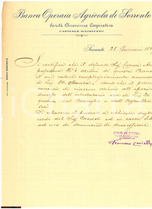 Documento originale, autentico 1897 BANCA OPERAIA AGRICOLA DI SORRENTO certificato 1