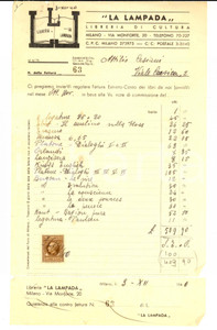 Documento originale, autentico 1940 MILANO via Monforte  LA LAMPADA Libreria di cultura Fattura intestata 1