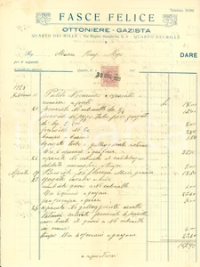Documento originale, autentico 1928 GENOVA QUARTO DEI MILLE Conto Felice FASCE ottoniere gazista Fattura 1