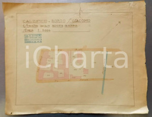 Stampa, bozzetto originale 1920 ca BORGO SAN GIACOMO BS Planimetria calzificio Geom. A. DI PIETRO 1