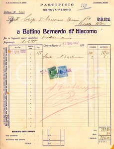 Documento originale, autentico 1932 GENOVA FEGINO Pastificio BOTTINO BERNARDO DI GIACOMO Fattura intestata 1