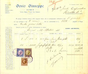 Documento originale, autentico 1937 ACQUI TERME AL Giuseppe COSIO  Olio, saponi, cereali e concimi Fattura 1