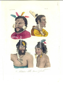 Stampa, bozzetto originale 1830 ca FERRARIO COSTUME ASIA Abitatori della Nuova Zelanda Inc. ROSASPINA 1