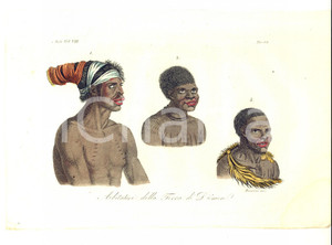 Stampa, bozzetto originale 1830 ca FERRARIO COSTUME ASIA Abitatori della terra di DIEMEN Incisione BERNIERI 1
