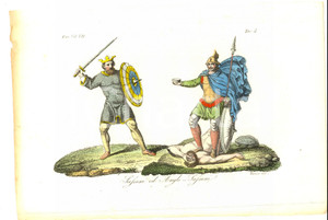 Stampa, bozzetto originale 1830 ca FERRARIO COSTUME EUROPEO Sassoni ed anglosassoni VERICO Colorata a mano 1