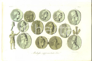 Stampa, bozzetto originale 1830 ca FERRARIO COSTUME ASIA Medaglie rappresentanti Lici Inc. BERNIERI 1